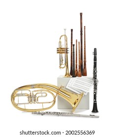 Set Of Wind Musical Instruments On White Background