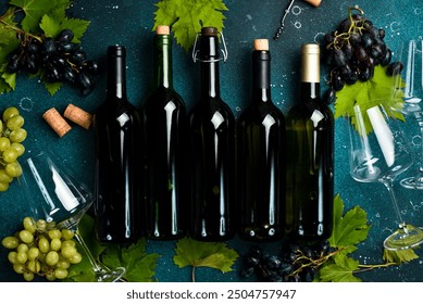 Set of wine bottles. Aged wine in bottles. On a gray stone background. Top view. - Powered by Shutterstock