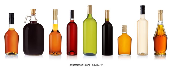 Set of wine and brandy bottles. isolated on white background