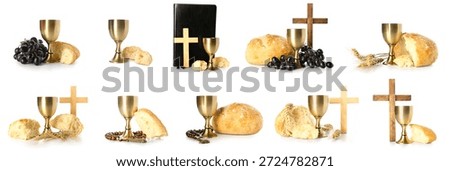 Set of wine, bread and cross on white background. Holy Communion concept