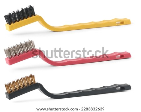 set of wire brushes, copper, steel and nylon industrial brush for rust surface, car mechanical cleaning and polishing, cut out isolated on white background