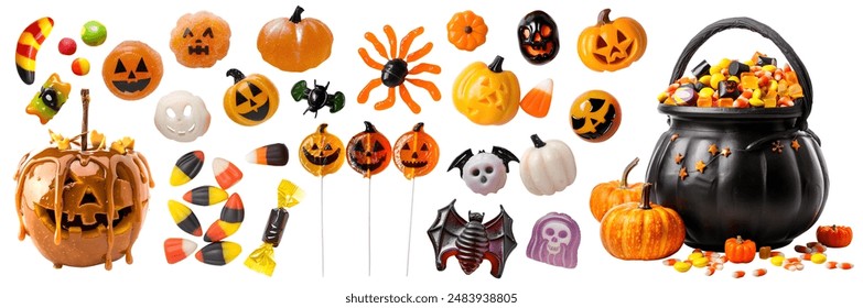 Set of witch black cauldron and individual Halloween sweet candy chocolate gummy lollipop toffee apple on cutout file. Many different design. Mockup template for artwork design - Powered by Shutterstock