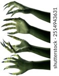 Set of witches hands. The color is green. Evil, zombie, or monster hand isolated over a white background. Halloween concept