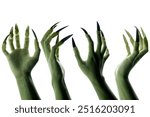 Set of witches hands. The color is green. Evil, zombie, or monster hand isolated over a white background. Halloween concept