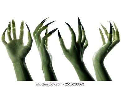 Set of witches hands. The color is green. Evil, zombie, or monster hand isolated over a white background. Halloween concept