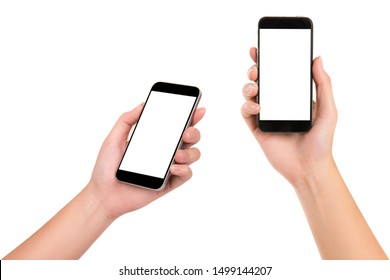 Set Of Woman Hand Holding Smartphone Isolated On White Background.Close  Up.