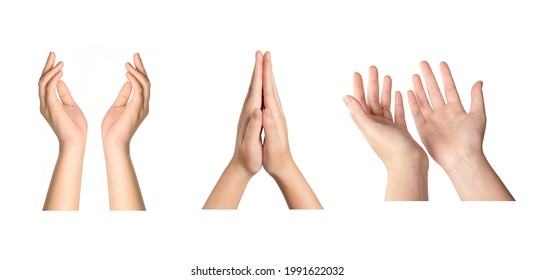 Set of Woman hands gesturing isolated on white background.