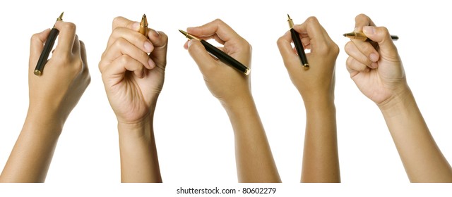 Set woman hands holding pen isolated over white background  Good for your design