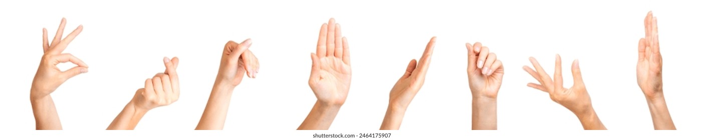 Set of woman hands showing different gestures, pointing and showing signs isolated on white background - Powered by Shutterstock