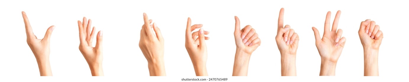 Set of woman hands showing different gestures, pointing and showing signs isolated on white background - Powered by Shutterstock