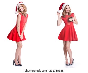 Set of woman wearing santa clause costume. christmas, x-mas, winter, happiness concept - smiling woman in santa helper hat with many gift boxes.  - Powered by Shutterstock