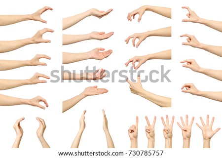 Set of woman's hand measuring invisible items. Isolated on white
