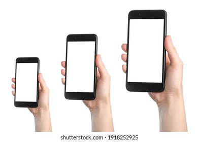 Set of woman's hands using smartphone with blank screen, isolated on white background.