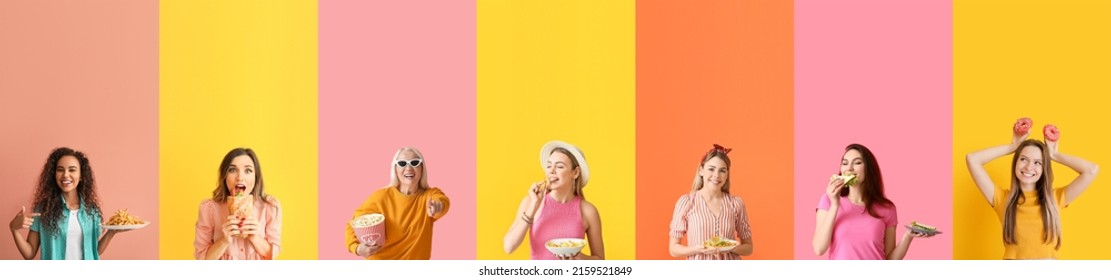 Set Of Women Eating Fast Food On Colorful Background