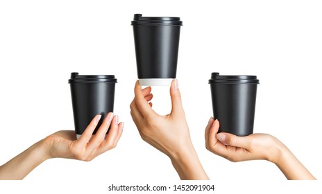 Set of women hands holding coffee paper drinking cup with disposable top cap on white background. Isolated with clipping path.