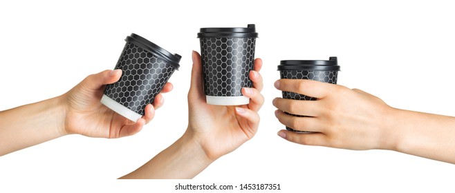 Set of women hands holding coffee paper drinking cup with disposable top cap on white background. Isolated with clipping path.