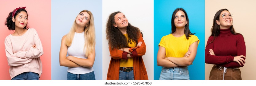 Set of women over isolated colorful background looking up while smiling - Shutterstock ID 1595707858