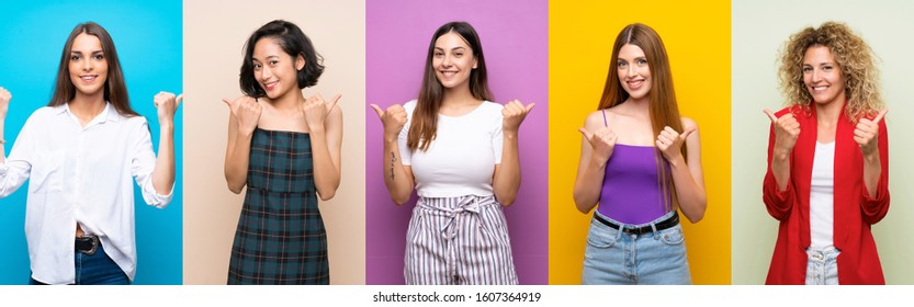 Set of women over isolated colorful background with thumbs up gesture and smiling - Shutterstock ID 1607364919