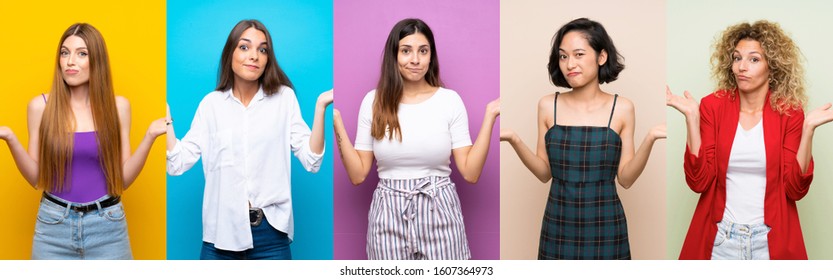 Set of women over isolated colorful background having doubts while raising hands - Shutterstock ID 1607364973