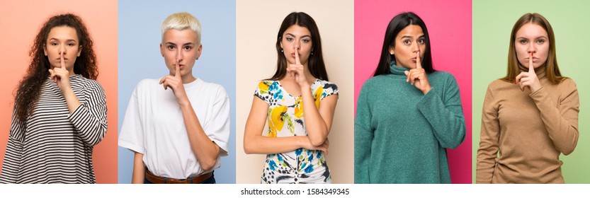 Set of women showing a sign of silence gesture putting finger in mouth