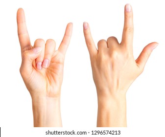 Set of women's hands howing rock n roll sign or giving the devil horns gesture. Isolated with clipping path. - Powered by Shutterstock