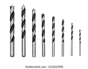 set of wood drill bits isolated in white background