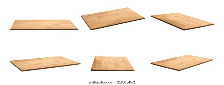 Set Of Wood Table Top Isolated On White Background, Clipping Paths For Design Work Empty Free Space Mock Up Product Display Presentation. 