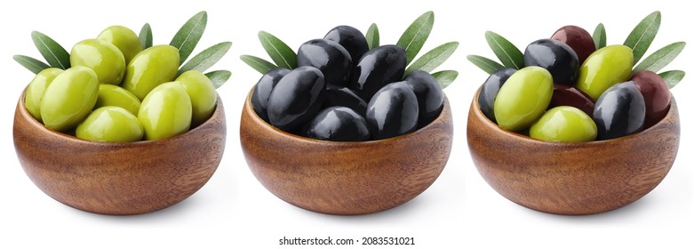 Set of wooden bowls with olives, isolated on white background
