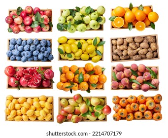 set of wooden boxes with fresh fruits isolated on white background, top view - Powered by Shutterstock