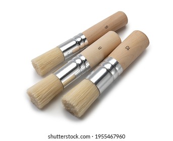 Set Wooden Brush For Stencil Isolated. Hog Bristle Brushes. For Acrylic, Watercolor, And Oil Painting.