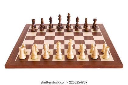 Set of wooden chessboard with chess pieces isolated on white background