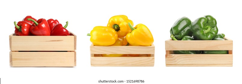 Set of wooden crates with different bell peppers on white background - Powered by Shutterstock