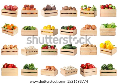 Set of wooden crates with different fruits, vegetables and eggs on white background