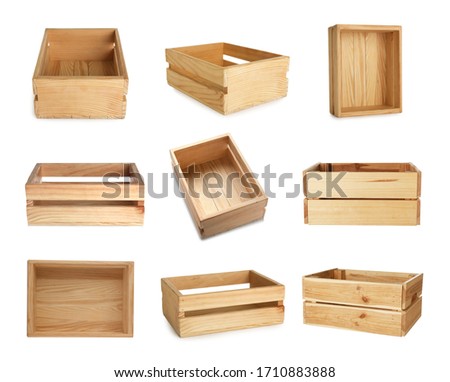 Set of wooden crates on white background