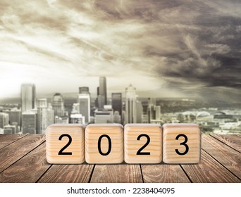 Set of wooden cubes blocks with 2023 on the desk - Shutterstock ID 2238404095