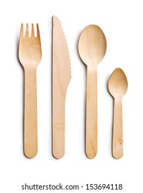 Set Of Wooden Cutlery On White Background