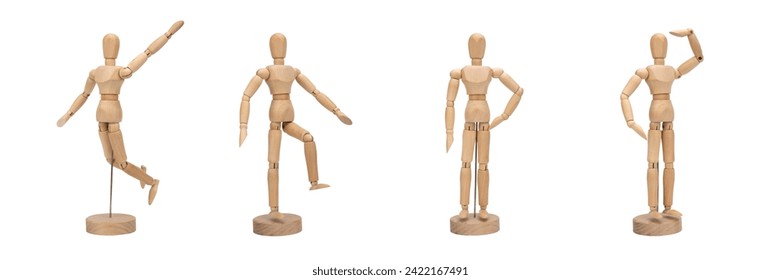 Set of wooden figure of a man isolated on white background banner with copy space. Wooden mannequin posing. - Powered by Shutterstock