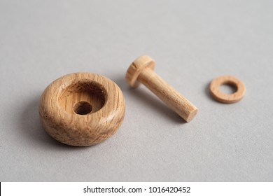 Set Of Wooden Furniture Accessories On Light Background. Perspective View. Toned.