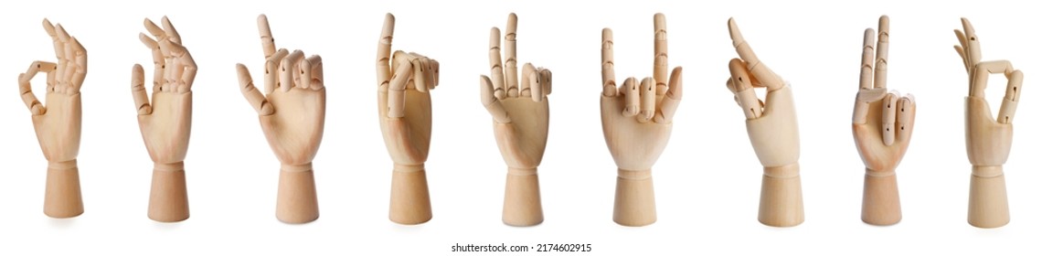 Set with wooden hands of mannequins showing different gestures on white background. Banner design - Powered by Shutterstock