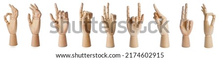 Set with wooden hands of mannequins showing different gestures on white background. Banner design