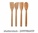 Set of Wooden Kitchen Utensils, features four different types of wooden cooking tools: a slotted spatula, a flat spatula, an angled spatula, and a spoon.