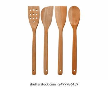 Set of Wooden Kitchen Utensils, features four different types of wooden cooking tools: a slotted spatula, a flat spatula, an angled spatula, and a spoon. - Powered by Shutterstock