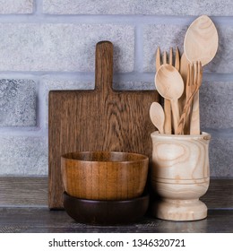 Set of wooden kitchen utensils on the kitchen table. Zero waste, eco friendly concept.  - Shutterstock ID 1346320721