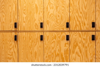 set of wooden lockers for personal items - Shutterstock ID 2312039791