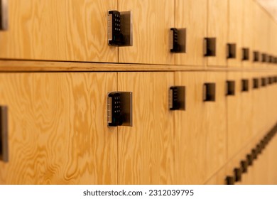 set of wooden lockers for personal items - Shutterstock ID 2312039795