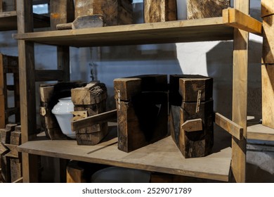 Set of wooden molds with a white ceramic vase placed on a shelf in a glassblowing factory. The rustic setting highlights traditional craftsmanship and manual production methods - Powered by Shutterstock