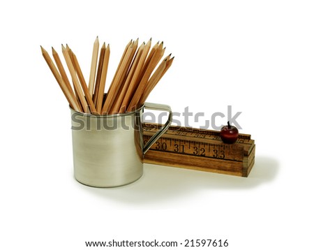 Set of wooden pencils used for drawing and Creative pencil box made up of rulers and wooden apple and Stainless steel cup for drinking or holding items