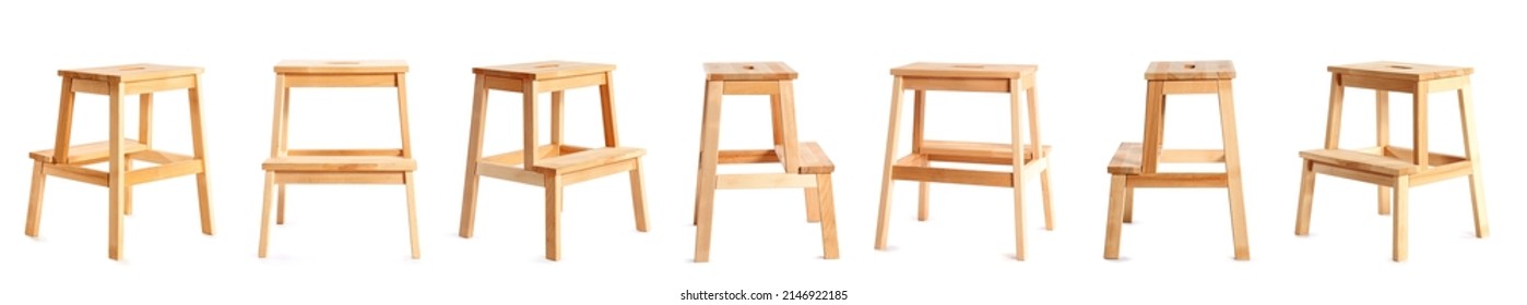 Set Of Wooden Step Stool On White Background