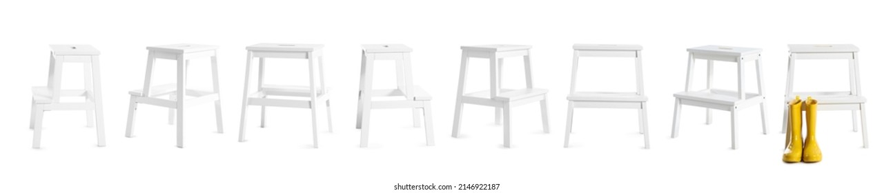 Set Of Wooden Step Stool On White Background