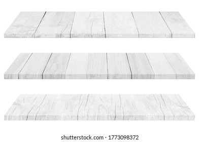 Set Of Wooden White Tabletop Or Wood Shelf Isolated On White Background. Object With Clipping Path.